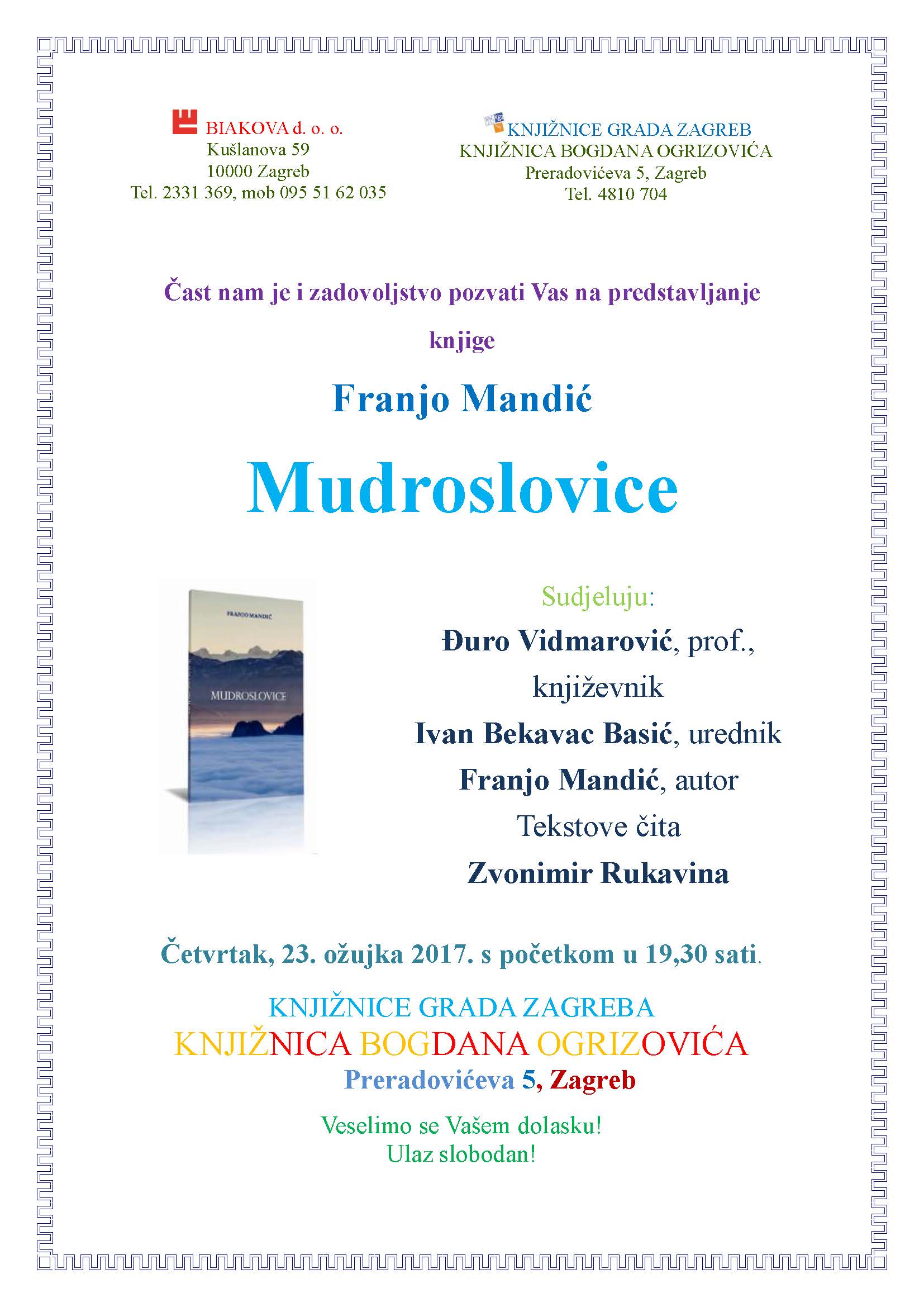 POZIVNICA Predstavljanje MUDROSLOVICE 23 3 2017