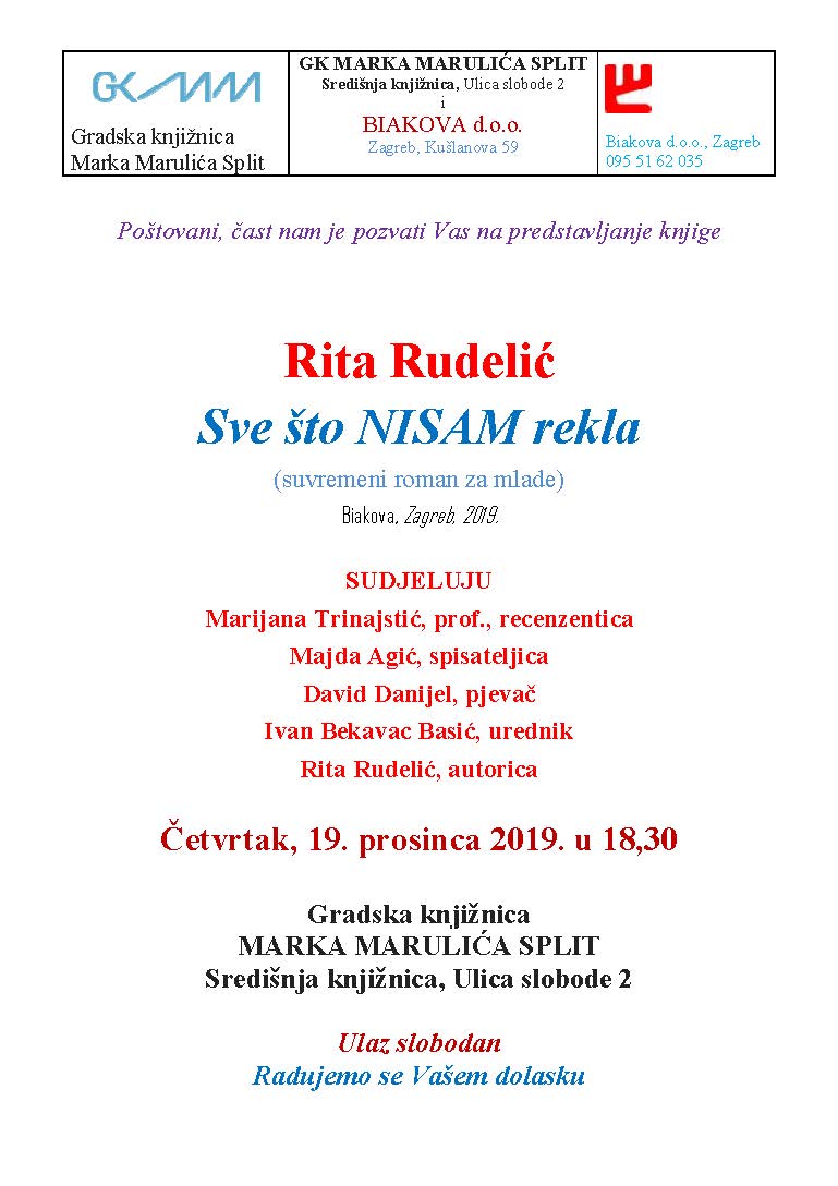 Pozivnica za predst Rita Rudelic 19 12 2019 GK MM Split
