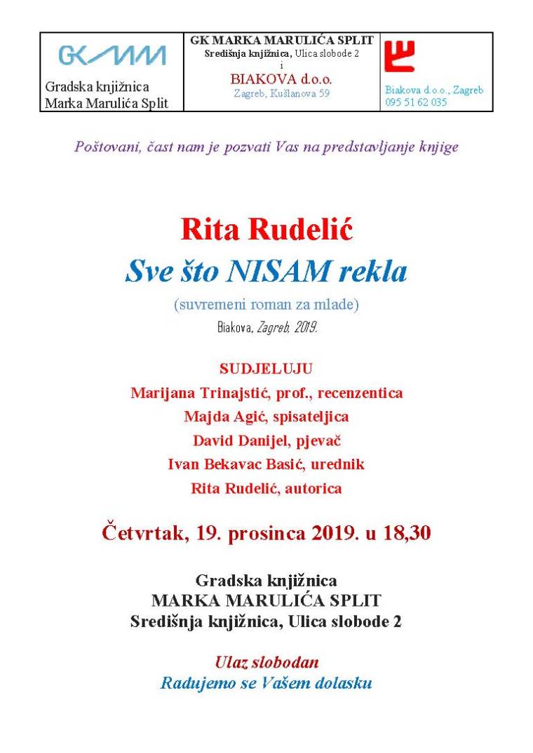 Pozivnica za predst Rita Rudelic 19 12 2019 GK MM Split